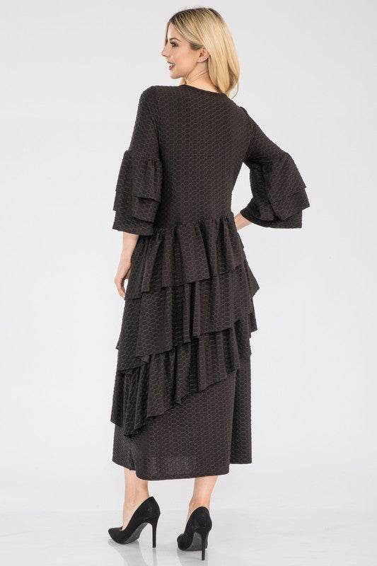 Celeste Full Size Honey Comb Asymmetrical Ruffle Midi Dress Plus Size - Hovatok