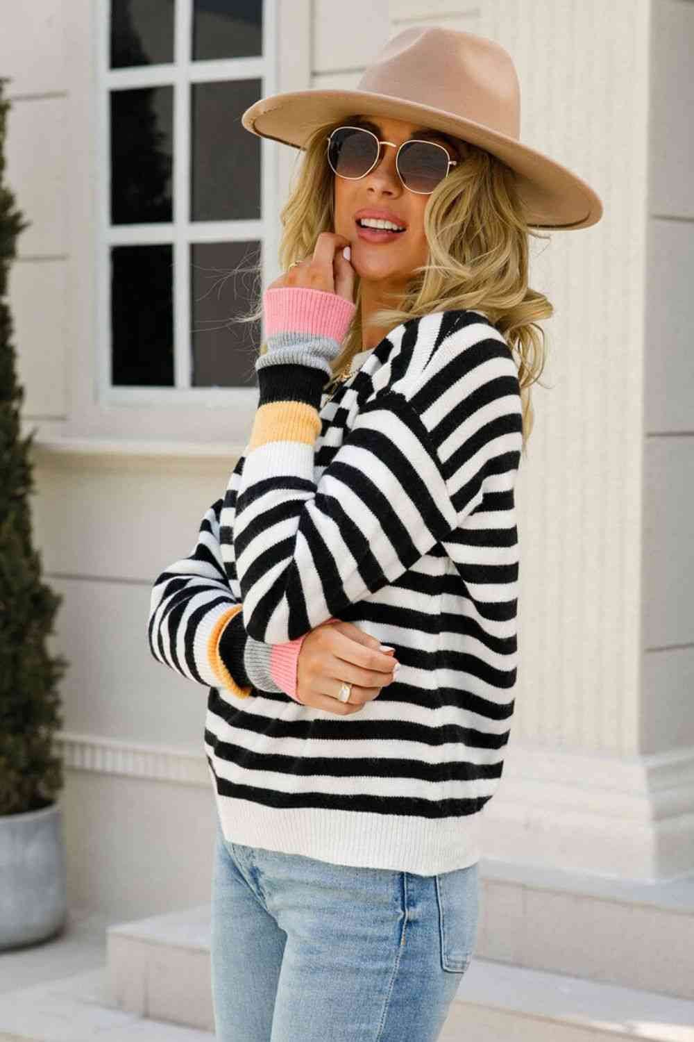 Angel Wings Warm Spice Striped Round Neck Sweater - Hovatok