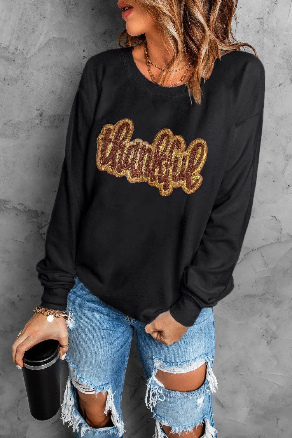 THANKFUL Round Neck Long Sleeve Sweatshirt - Hovatok