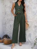 Devine Button Down Vest and Wide Leg Pants Set - Hovatok