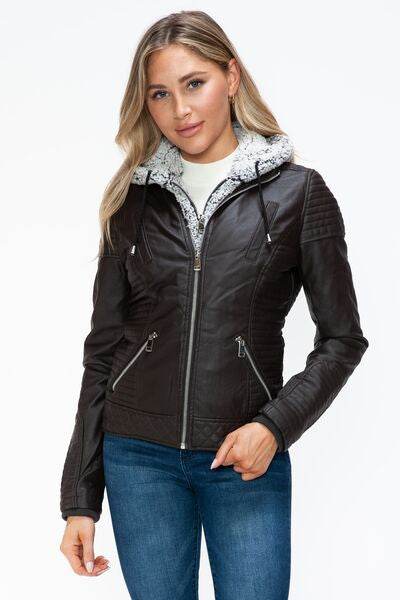 YMI Faux Layered Double-Zipper Jacket with Fuzzy Hood - Hovatok