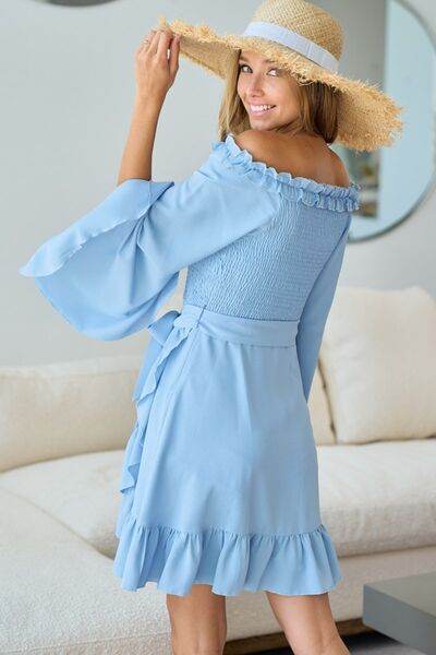 BiBi Smocked Ruffled Front Tie Mini Dress - Hovatok