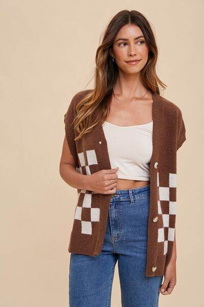 Annie Wear Checkered Button Down Short Sleeve Cardigan - Hovatok