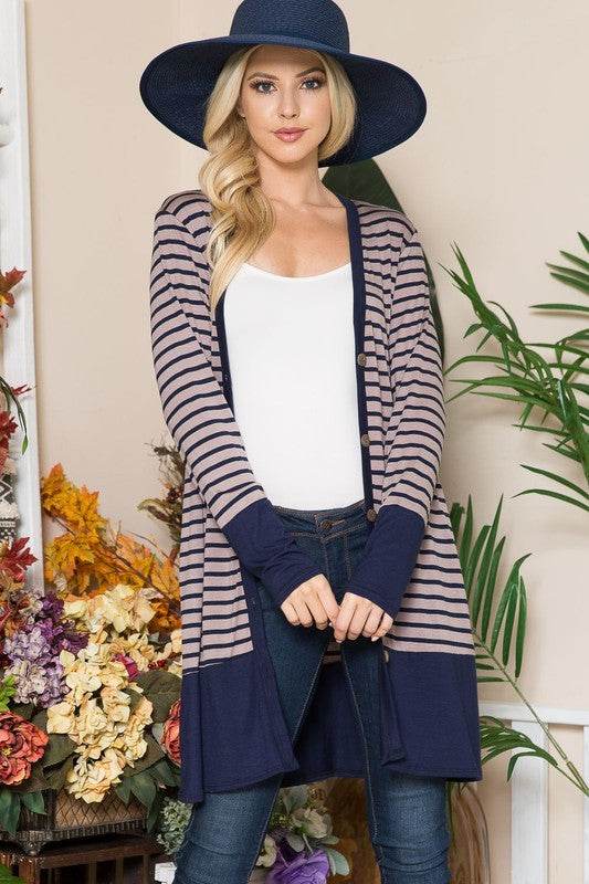 Celeste Full Size Striped Button Up Long Sleeve Cardigan Plus Size - Hovatok