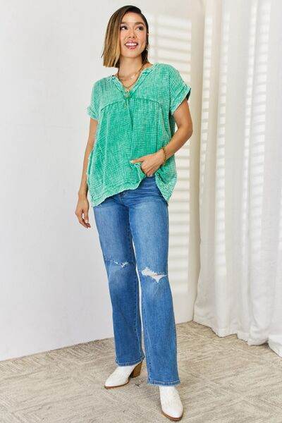 Zenana Washed Raw Hem Short Sleeve Blouse with Pockets - Hovatok