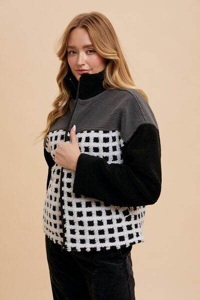 Annie Wear Plaid Zip Up Drop Shoulder Sherpa Jacket - Hovatok