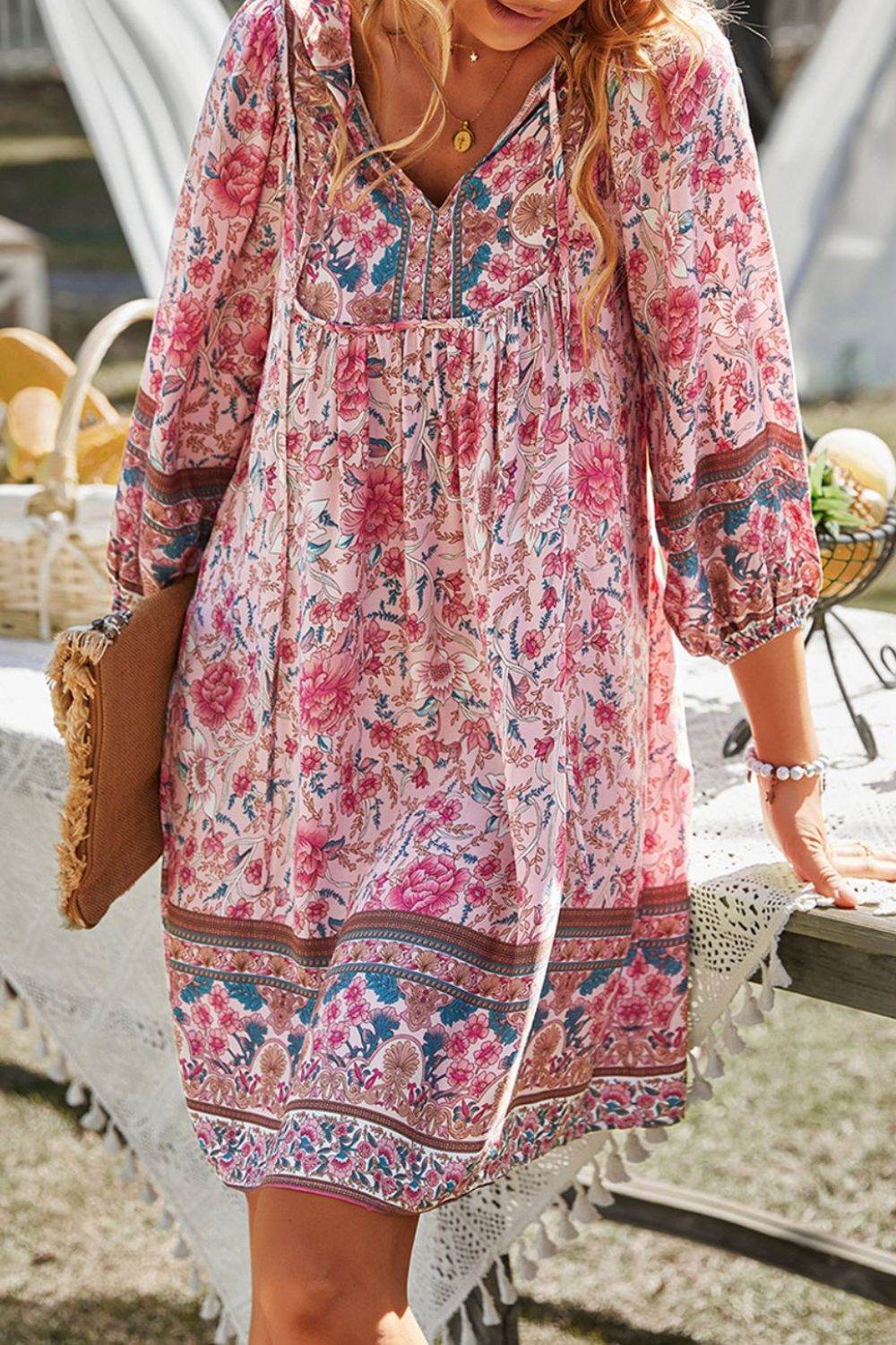 Devine Printed Tie Neck Mini Dress - Hovatok