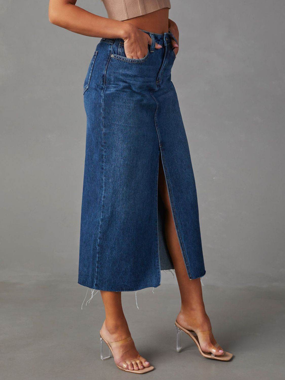Raw Hem Front Slit Denim Midi Skirt - Hovatok