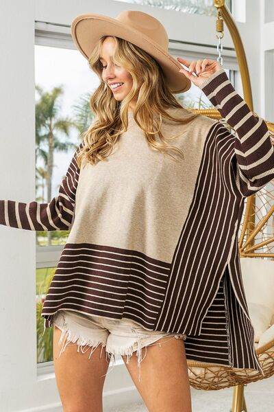 BiBi Striped Contrast Long Sleeve Slit Top - Hovatok
