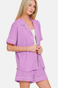 Zenana Button Down Short Sleeve Top and Shorts Lounge Set - Hovatok
