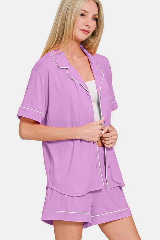 Zenana Button Down Short Sleeve Top and Shorts Lounge Set - Hovatok