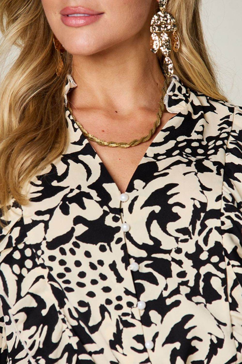 Double Take Full Size Printed Ruffle Trim Balloon Sleeve Shirt - Hovatok