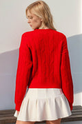Double Take Full Size Bow Cable-Knit Round Neck Sweater - Hovatok