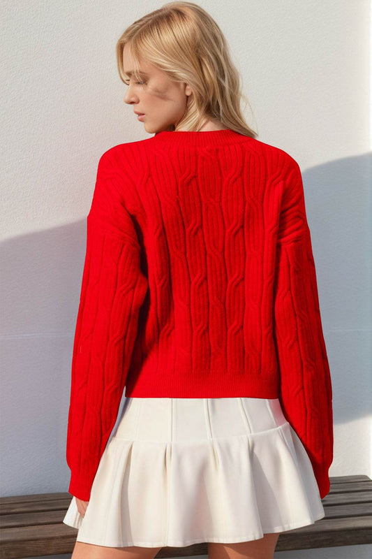 Double Take Full Size Bow Cable-Knit Round Neck Sweater - Hovatok