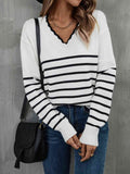 Angel Wings Striped V-Neck Drop Shoulder Sweater - Hovatok