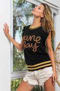 BiBi Game Day Letter Contrast Trim Ruffled Sleeveless Sweater - Hovatok