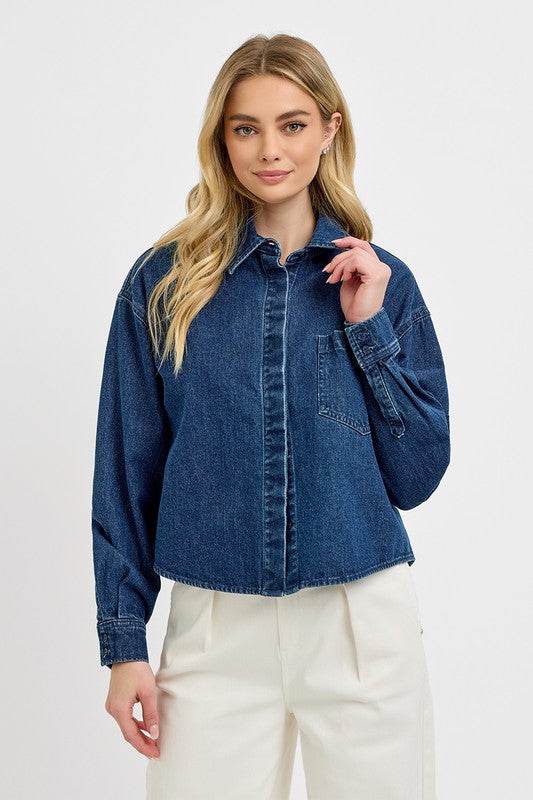 RISEN Button Up Long Sleeve Denim Shacket - Hovatok