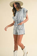 Annie Wear Elastic Waistband Short Sleeve Denim Romper - Hovatok