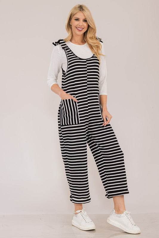 Celeste Full Size Striped Scoop Neck Overalls with Pockets - Hovatok