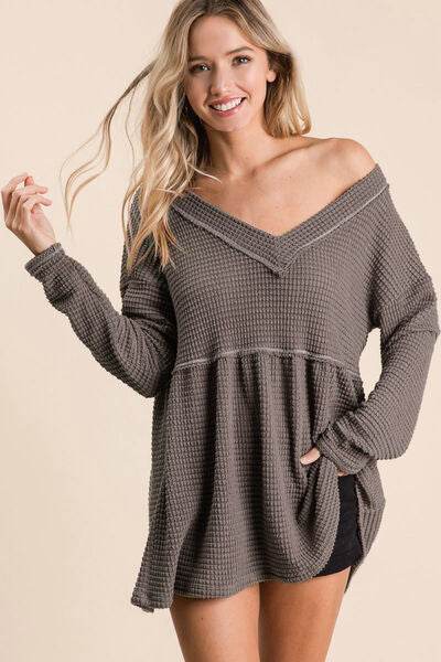 BiBi Waffle Knit V-Neck Babydoll Blouse - Hovatok