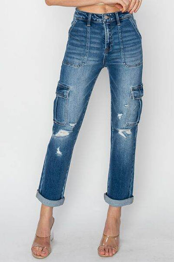 RISEN Full Size High Rise Cargo Ankle Roll Up Straight Jeans - Hovatok