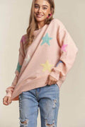 ADORA Stars Pattern Round Neck Drop Shoulder Sweater - Hovatok