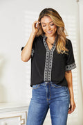 Double Take Embroidered Notched Neck Top - Hovatok