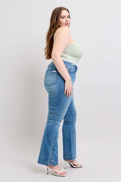 Judy Blue HW Tummy Control Vintage Wash Side Slit Slim Boot Jeans - Hovatok