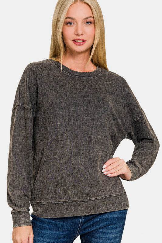 Zenana Washed Round Neck Dropped Shoulder Sweatshirt - Hovatok