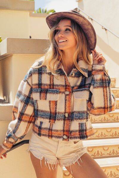 BiBi Brushed Plaid Crop Jacket with Pockets - Hovatok