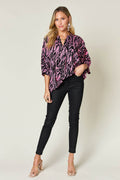 Double Take Full Size Printed Notched Three-Quarter Sleeve Blouse - Hovatok