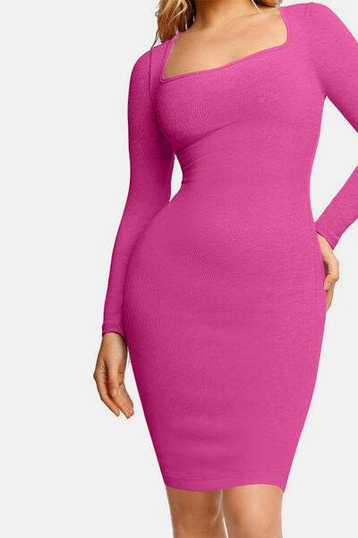 Basic Bae Full Size Built-In Shapewear Square Neck Long Sleeve Dress - Hovatok