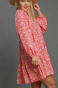 Umgee Full Size Two Tone Print Balloon Sleeve Tiered Dress Plus Size - Hovatok