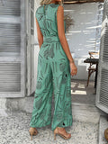 Devine Printed Round Neck Sleeveless Tie Waist Jumpsuit - Hovatok