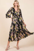 Mittoshop Flower Print Satin Lurex Stripe Smocked Midi Dress - Hovatok