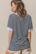 BiBi Contrast Striped Notched Knit Top - Hovatok