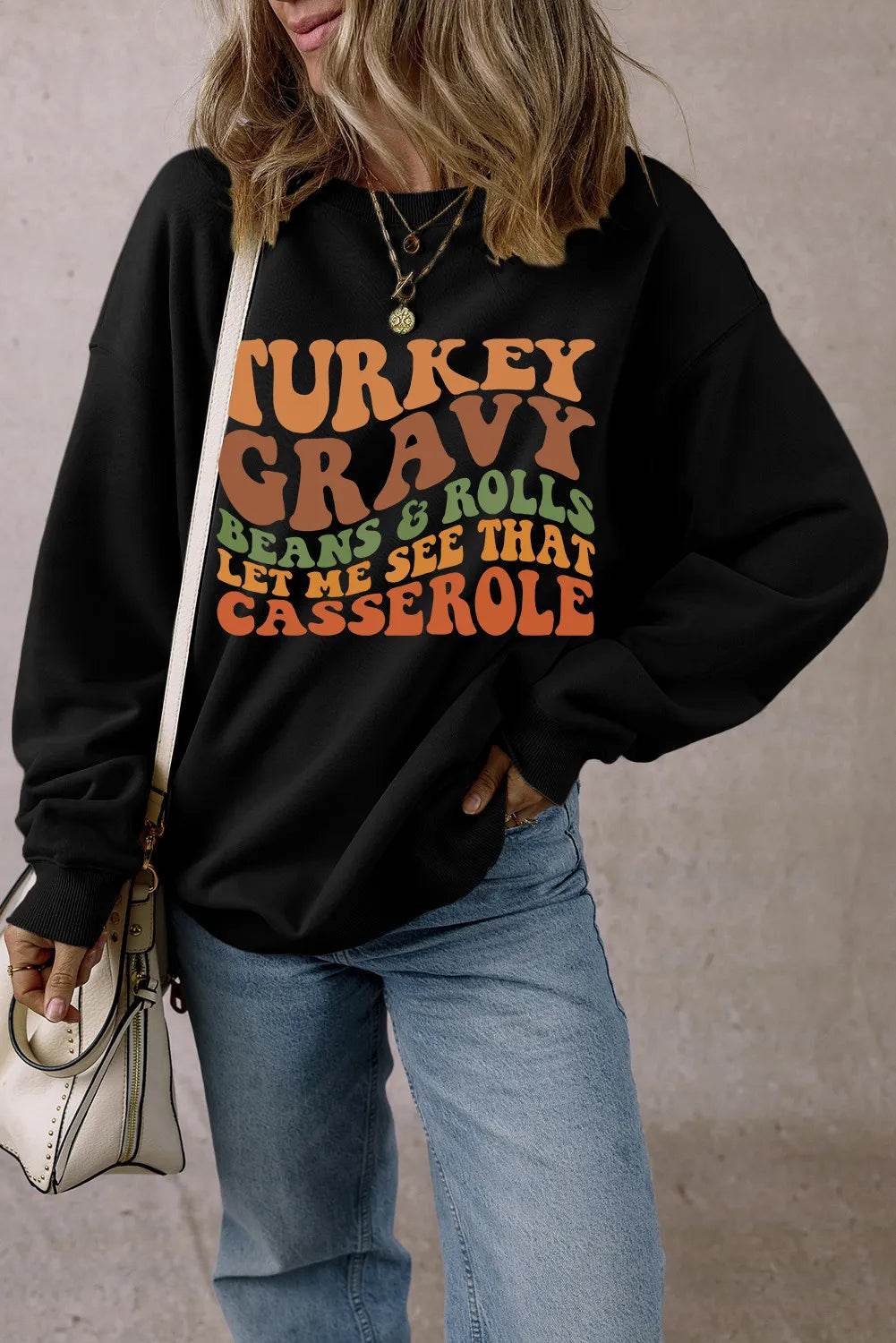 Letter Graphic Round Neck Long Sleeve Sweatshirt - Hovatok