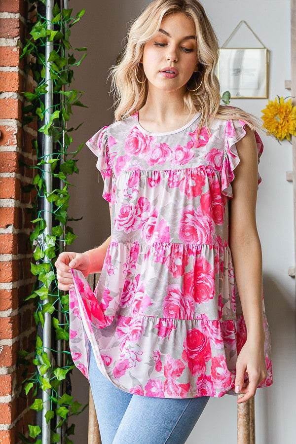 Heimish Full Size Butterfly Sleeve Round Neck Floral Tiered Top Plus Size - Hovatok