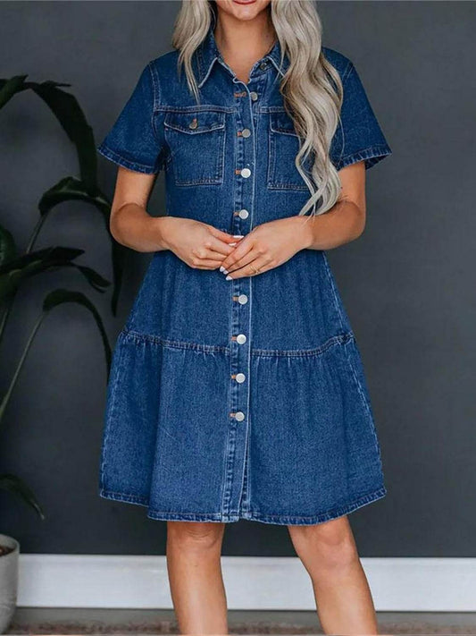 Pocketed Button Up Collared Neck Short Sleeve Denim Dress - Hovatok