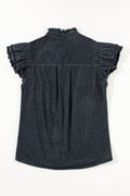 Button Down Raw Hem Ruffled Denim Shirt - Hovatok
