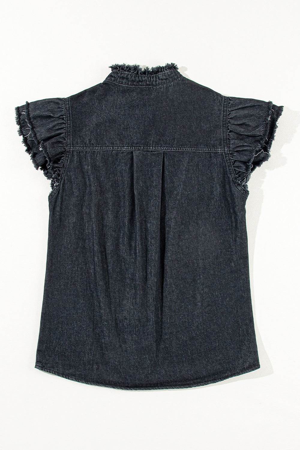 Button Down Raw Hem Ruffled Denim Shirt - Hovatok