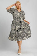 Umgee Full Size Printed Smocked Cuff Puff Sleeve Midi Dress Plus Size - Hovatok