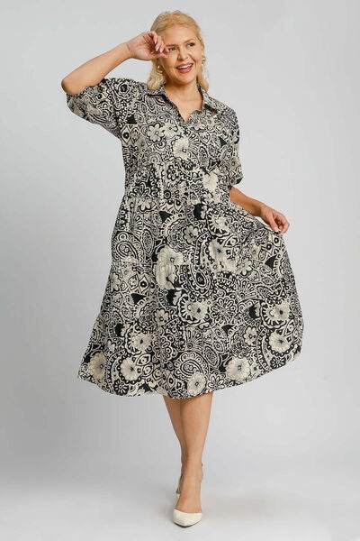 Umgee Full Size Printed Smocked Cuff Puff Sleeve Midi Dress Plus Size - Hovatok