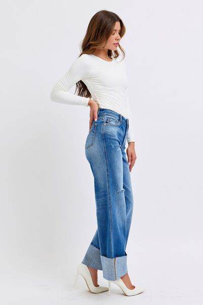 Judy Blue Full Size Distressed High Waist Wide Leg Jeans - Hovatok