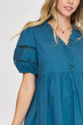 Umgee USA Full Size Lace Detail Puff Sleeve Mini Dress Plus Size - Hovatok