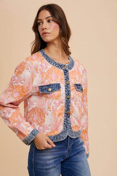 Annie Wear Floral Jacquard Denim Contrast Button Down Jacket - Hovatok