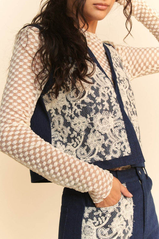 Davi & Dani Lace Patch Open Front Denim Vest - Hovatok