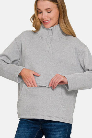 Zenana Turtleneck Half Snap Fleece Sweatshirt - Hovatok