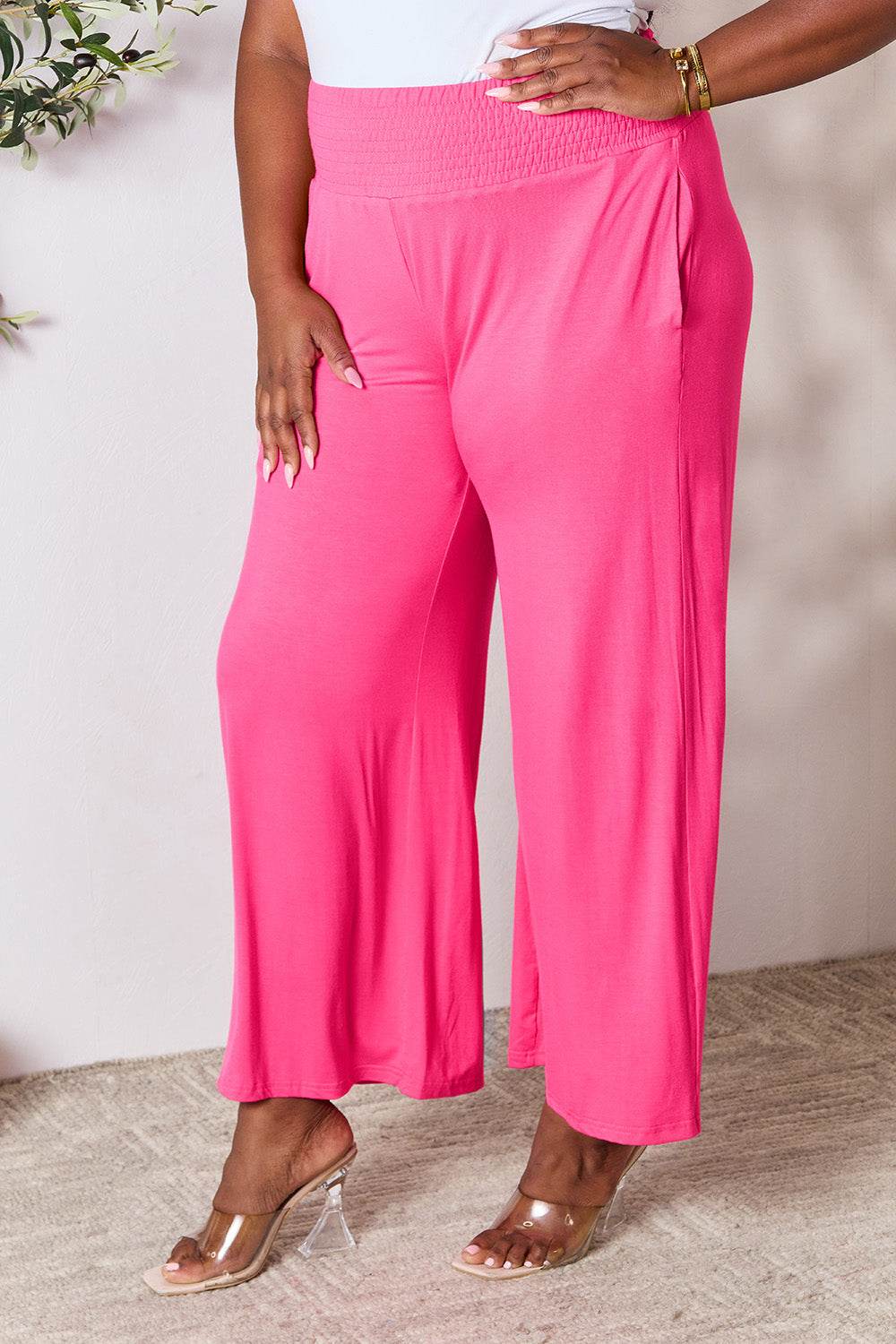 Basic Bae Full Size Smocked Wide Waistband Wide Leg Pants - Hovatok