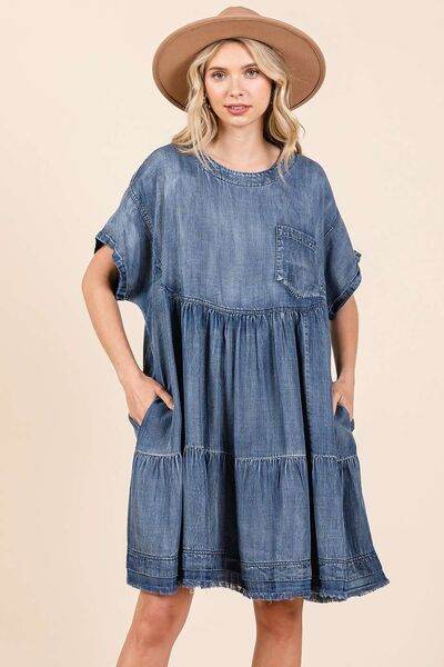 Mittoshop Washed Chambray Denim Oversized Tier Mini Dress - Hovatok